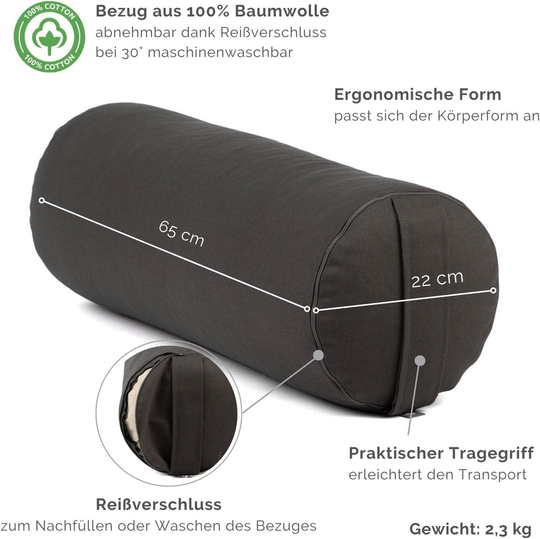 Bodhi Yoga Bolster | ECO Serie | Yogarolle mit Kapok-Füllung | Waschbarer Bezug aus 100% Bio-Baumwol