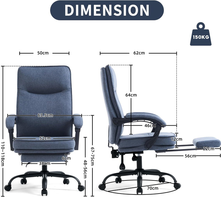 MZLEE Bürostuhl Ergonomisch, Schreibtischstuhl mit Fussstütze, Neigung 90-135°, Stoff Chefsessel mit