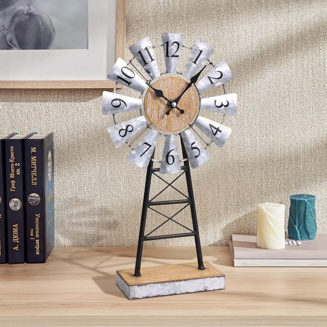 MODE HOME Verzinkte Windmühlen-Tischuhr auf Ständer, Vintage-Schreibtisch- und Regaluhr, dekorative