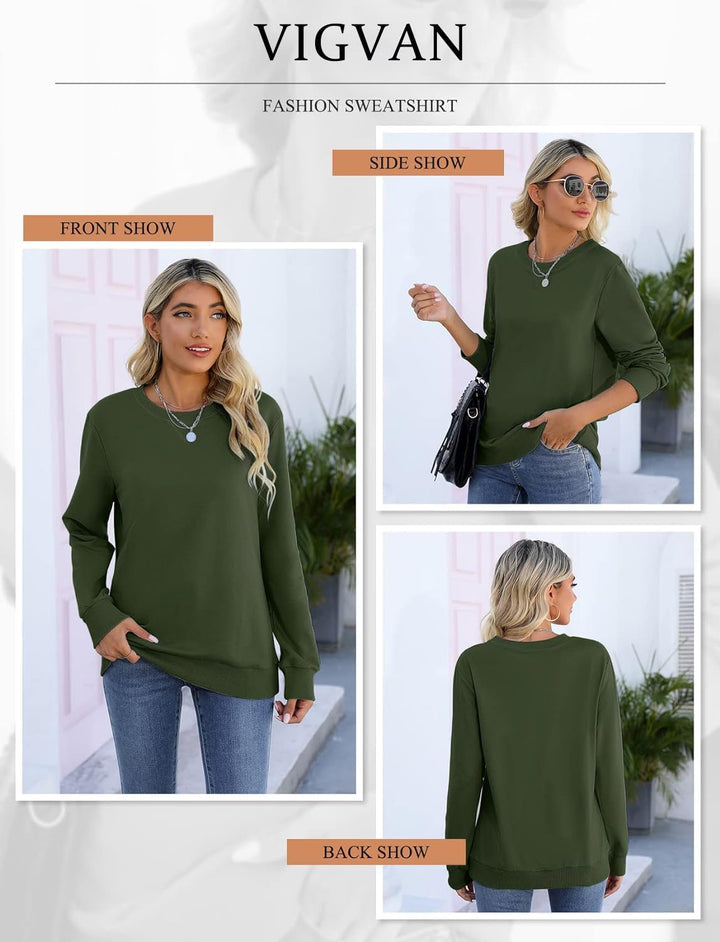 VIGVAN Damen Sweatshirt Pullover Elegant Basic Langarmshirt Rundhals Baumwolle Pulli Herbst Winter C