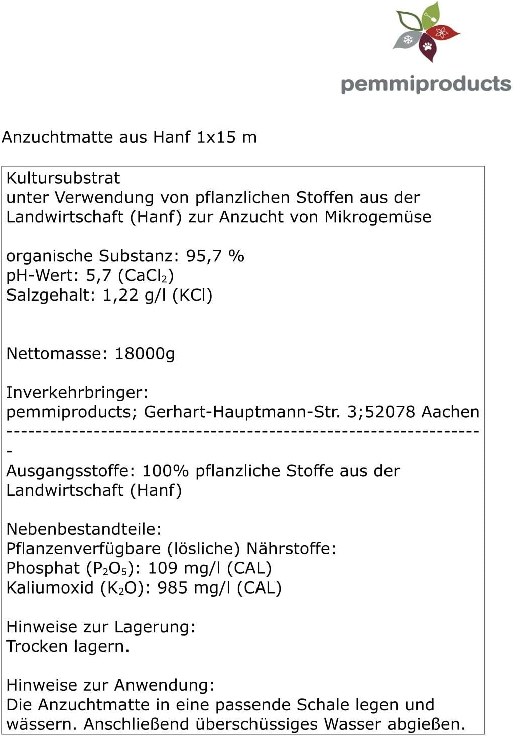 Anzuchtmatte aus 100% Hanf, 1 m breit, 15 m lang, ca. 1 cm dick (EUR 9,93/m²), Hanfmatte, Matte zur