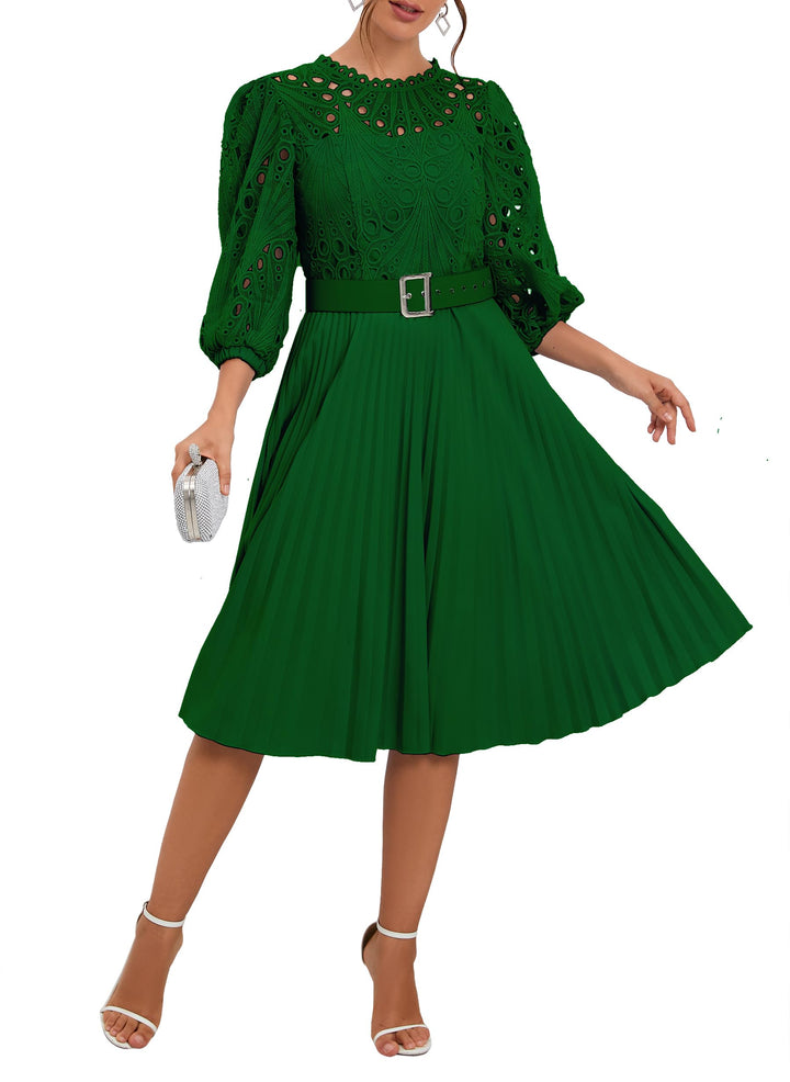 Spitzenkleid, plissiert, Puffärmel, wadenlang, kurze Ärmel, Midi-Kleid, hohles Party-Abendkleid M Gr