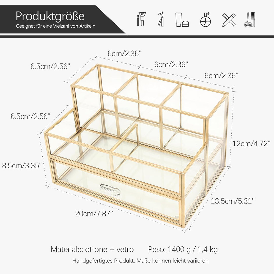 HARLIANGXY Kosmetik Organizer mit schubladen, Make up Organizer Gold, Make up Pinselhalter Glas, Bea