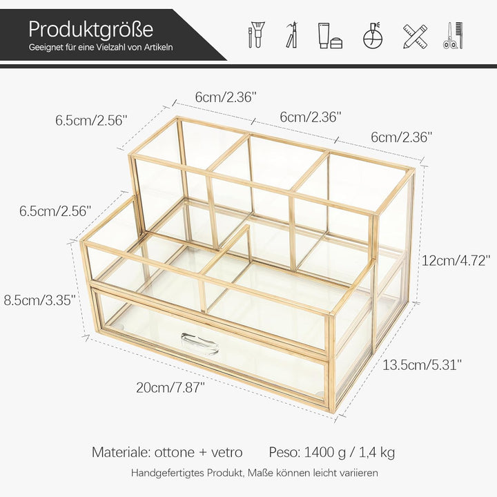HARLIANGXY Kosmetik Organizer mit schubladen, Make up Organizer Gold, Make up Pinselhalter Glas, Bea