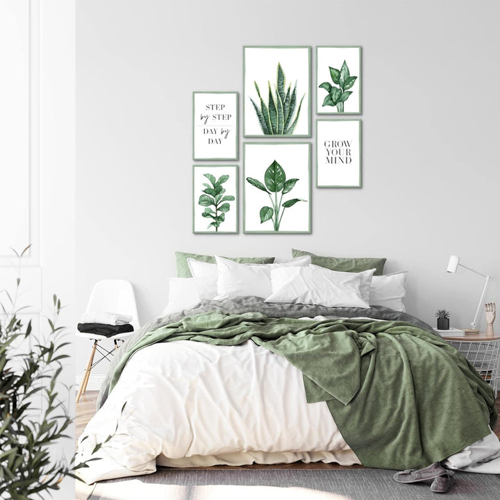 Novart Bilder Set - AUFHÄNGFERTIG - KEIN EXTRA RAHMEN BENÖTIGT - Grün Blätter Modern Natur - Wohnzim