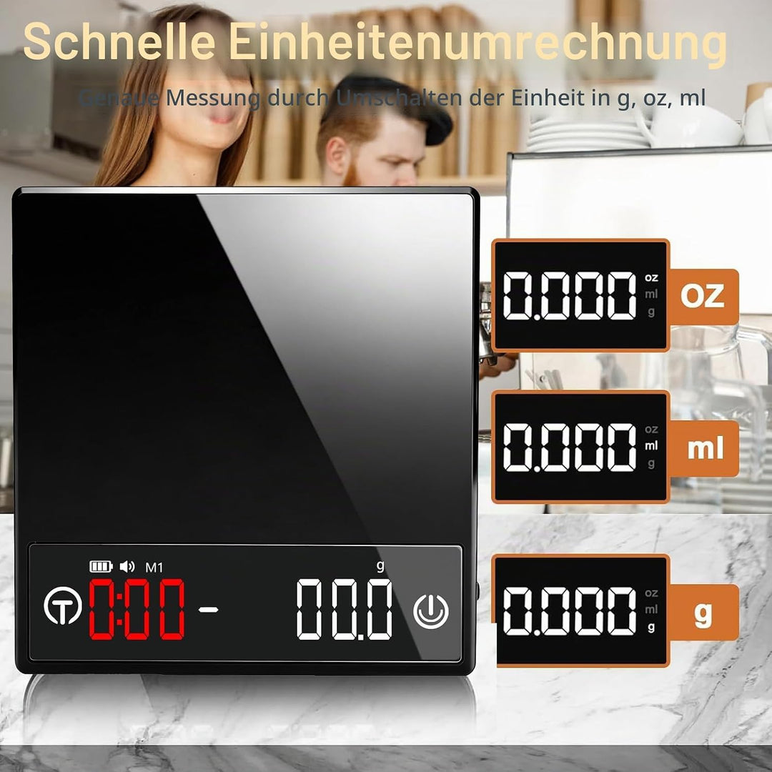 Kaffee Waage mit Timer, Espresso Waage 2kg/0,1g Präzisionswaage, Wiederaufladbare Küchenwaage mit LE