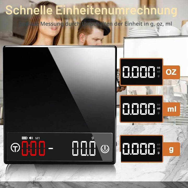 Kaffee Waage mit Timer, Espresso Waage 2kg/0,1g Präzisionswaage, Wiederaufladbare Küchenwaage mit LE