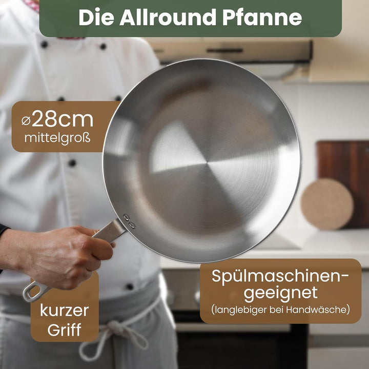 WALDWERK Edelstahlpfanne 28 cm - Induktionsgeeignet und Ofenfest - Pfanne aus Edelstahl mit Lederübe