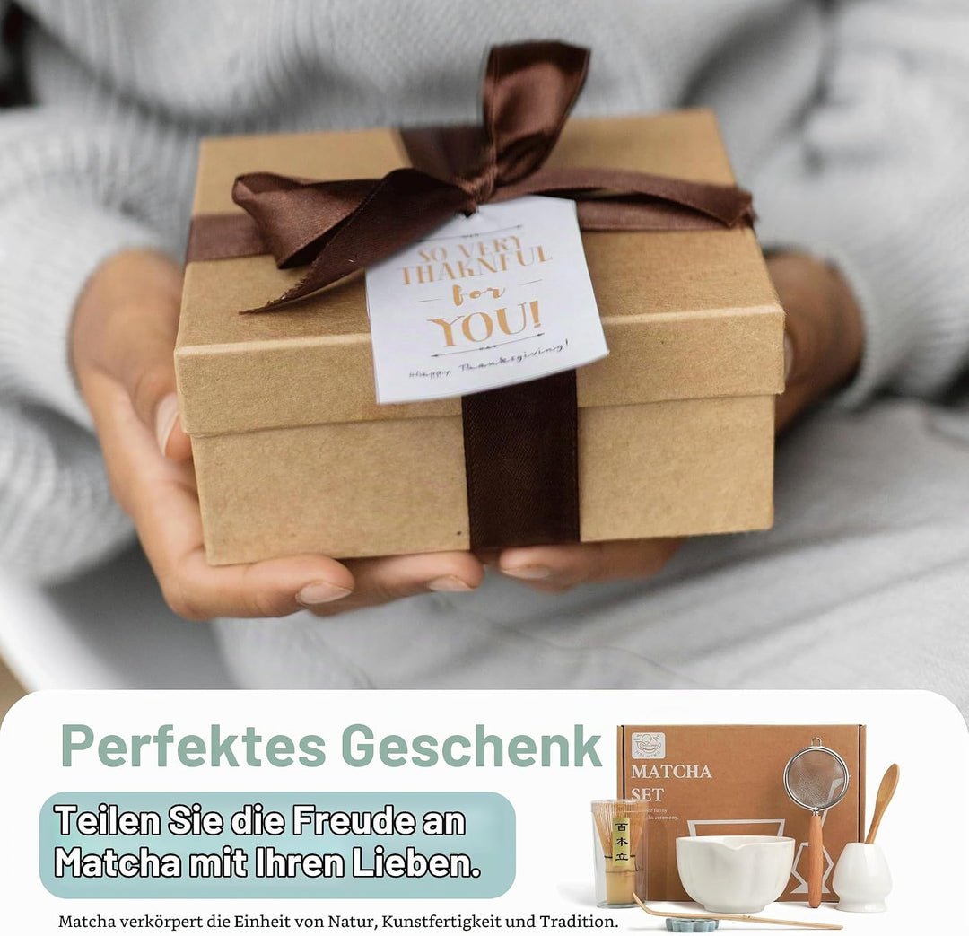 Premium Matcha Set 7-teilig – Exklusives Teezeremonie-Set mit Bambus-Chasen (Besen),Weiss Keramik-Sc