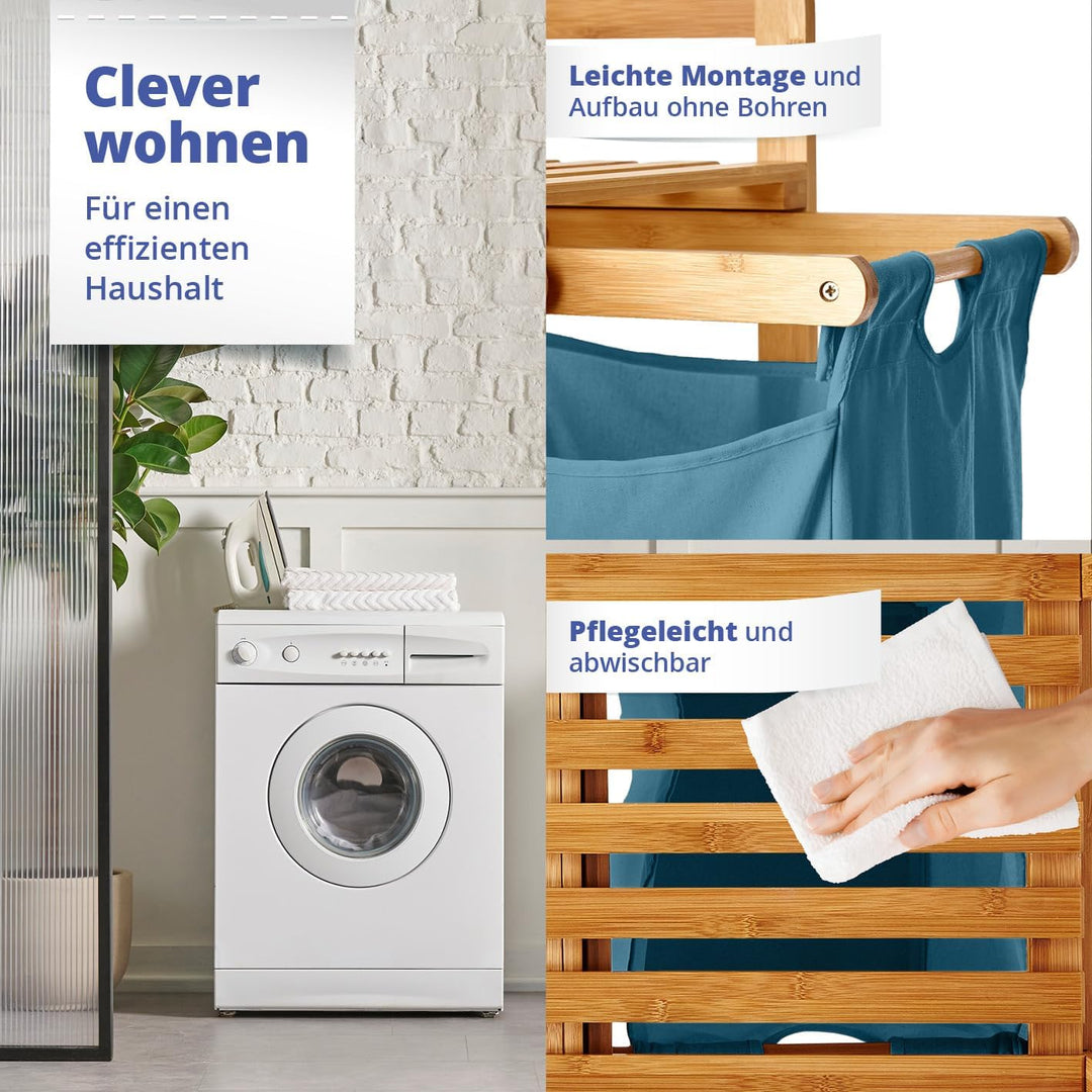 Lumaland Wäschekorb Bambus mit 2 ausziehbaren Wäschesäcken | Pflegeleichtes Material, unempfindlich