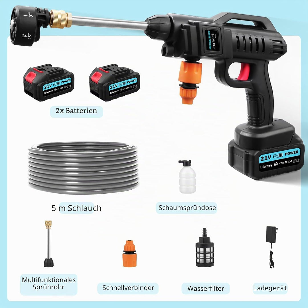 Kabelloser Hochdruckreiniger 21V 62 Bar 3000W Tragbar - Mit Akku, Ladegerät, 6-in-1 Verstellbarer Dü