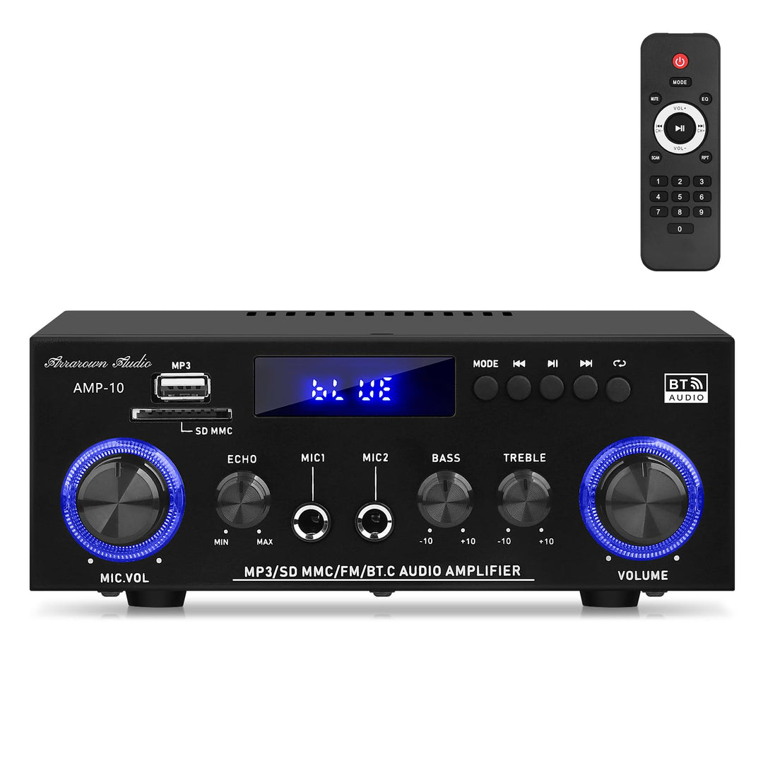 Henakmsl Bluetooth Stereo Verstärker 2.0, 2 x 50 W, Subwoofer-Out | Mit USB, SD, FM, AUX, 2 Mikrofon