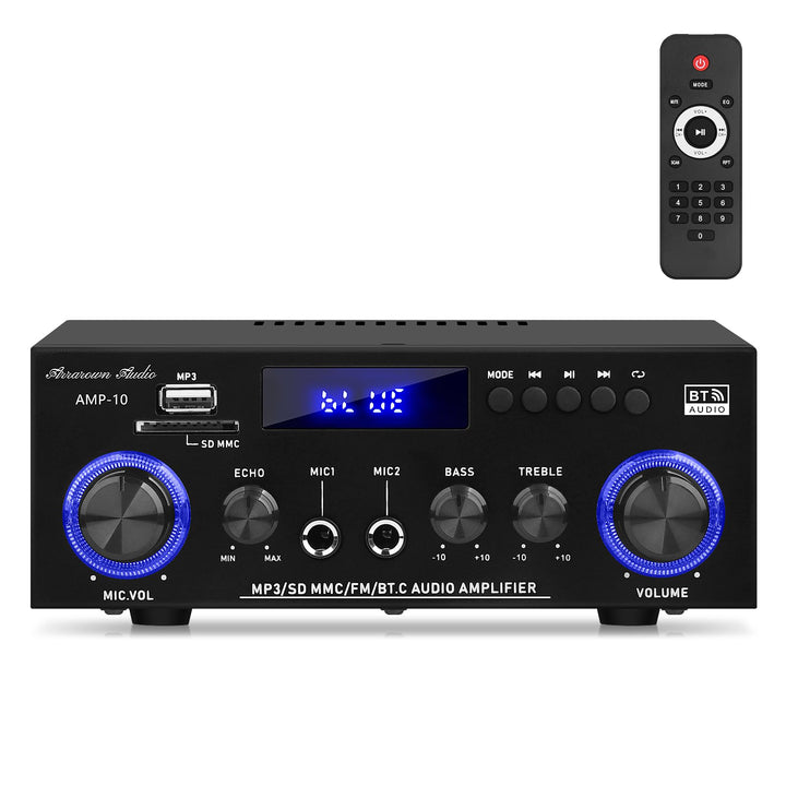 Henakmsl Bluetooth Stereo Verstärker 2.0, 2 x 50 W, Subwoofer-Out | Mit USB, SD, FM, AUX, 2 Mikrofon