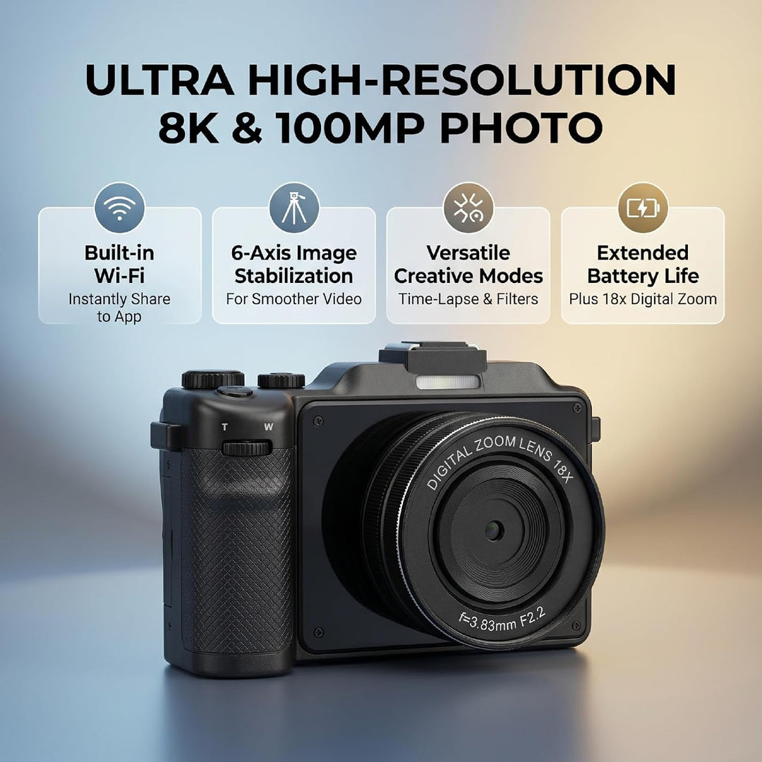 8K WiFi Digitalkamera, 100 MP Dual-Objektiv-Kamera mit 18X Zoom 3 Zoll Bildschirm, 6 Achsen elektron