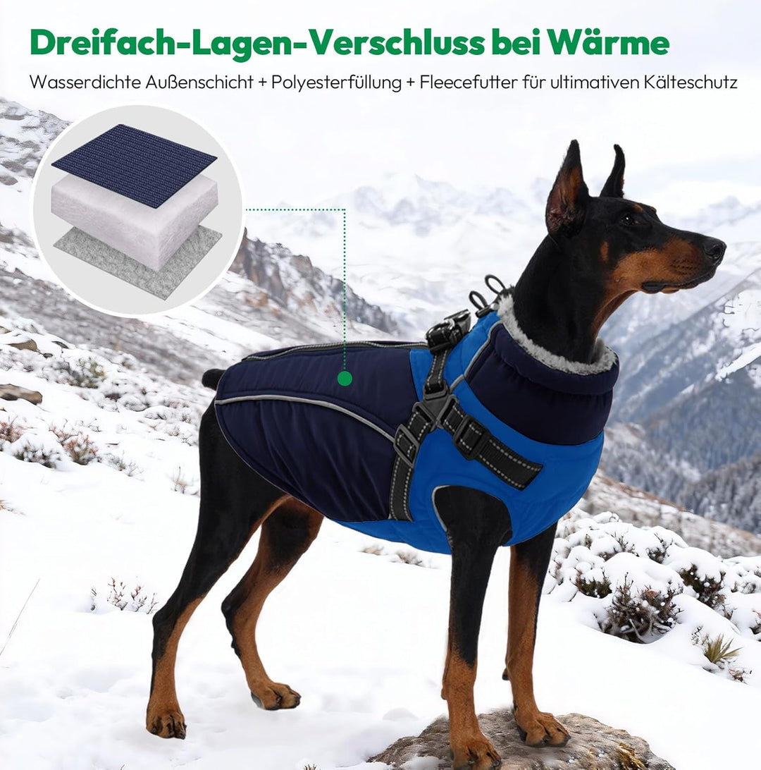 Hundemantel mit Geschirr für grosse Rassen - Robuster, Wasserabweisender Wintermantel mit Fleecefutt