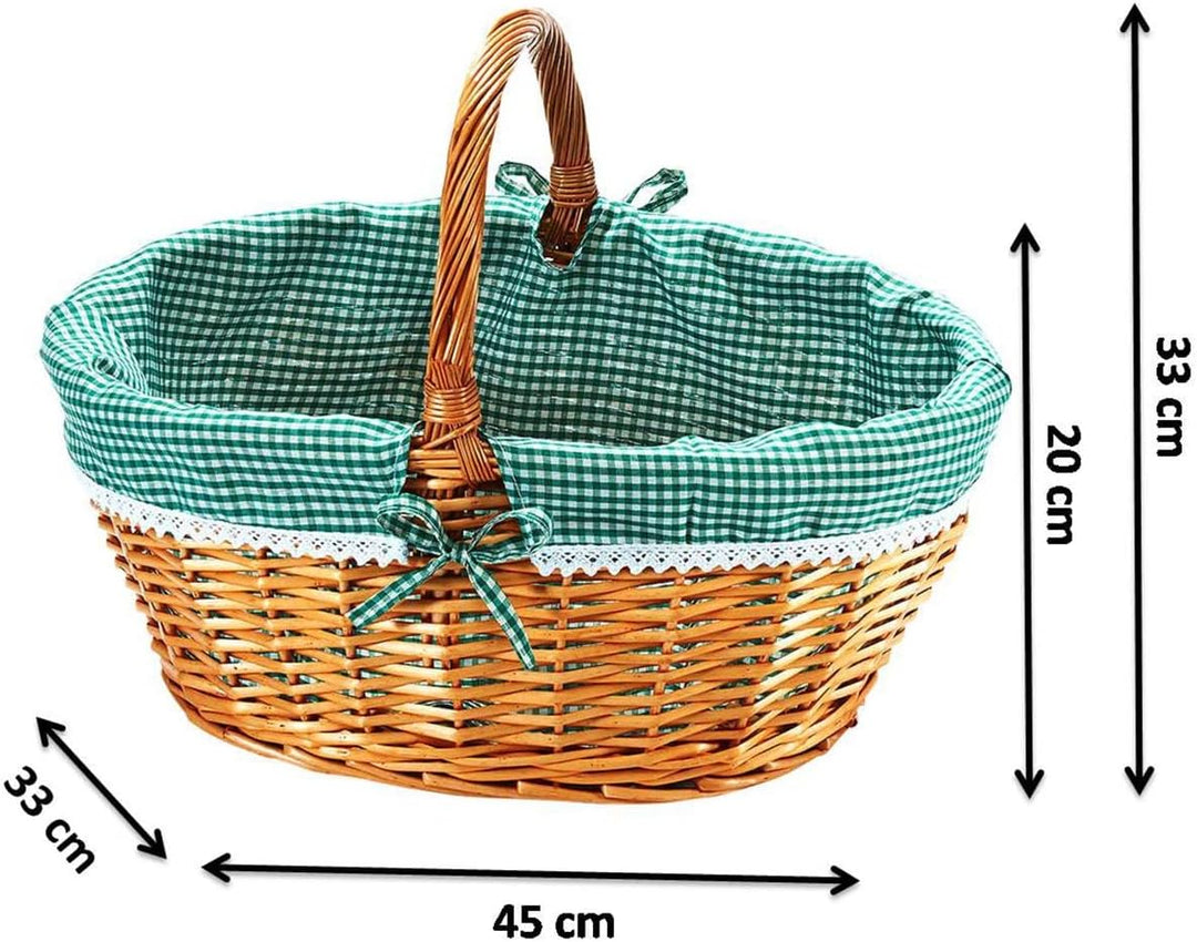 Kobolo Einkaufskorb geflochten Weide -mit Textil ausgeschlagen- grün weiss kariert - 45x34x20 cm