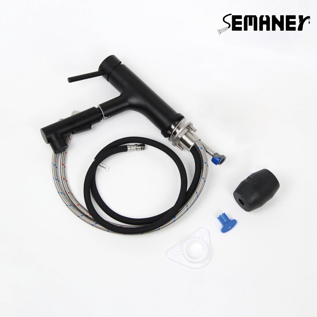 Wasserhahn Bad Schwarz, SEMANEY Waschtischarmatur mit Herausziehbarer Brause 3 Modi, Mischbatterie W