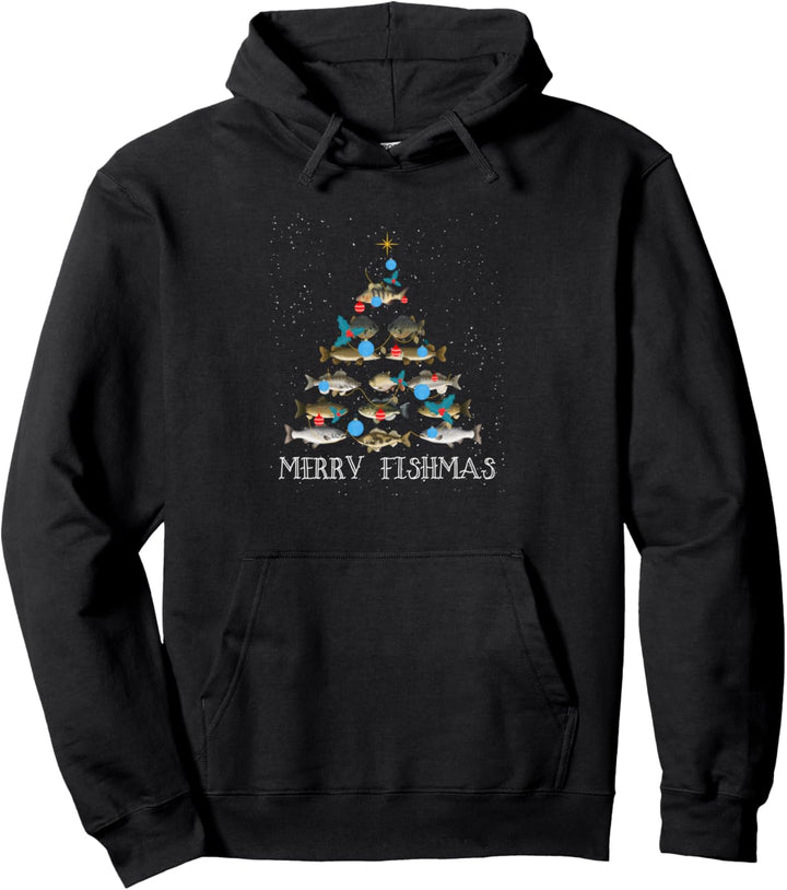 Merry Fishmas Lustige Weihnachtsbaum Lichter Fisch Angelrute Pullover Hoodie
