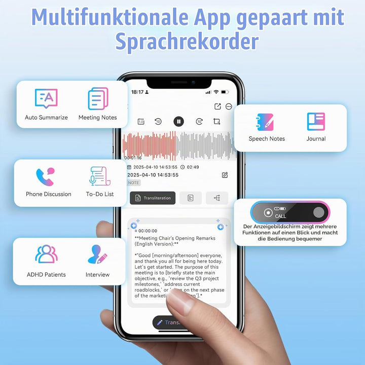 KI Digitales Diktiergerät AI Sprachrekorder 118+ Sprachen Echtzeit-Transkription &amp; Übersetzung 64GB