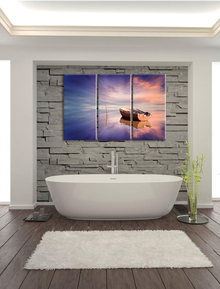 Pixxprint Einsames Boot auf See als Leinwandbild | Grösse: 3 Teilig (120x80) | Wandbild| Kunstdruck