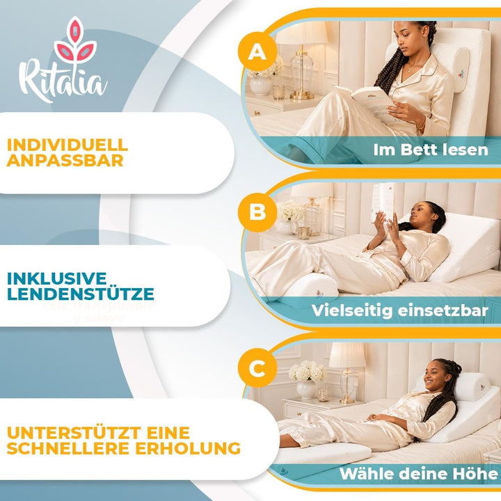 Ritalia® Multifunktions-Keilkissen mit Nackenrolle Grösse 60x60x30 Rückenkissen Kniestütze Beinablag