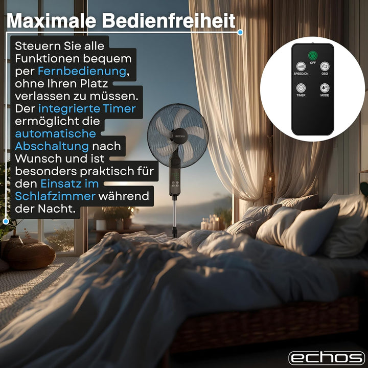 Echos® Standventilator 46cm Leise mit Fernbedienung 46 cm – 50W Leistungsstarker Standlüfter mit 3 G