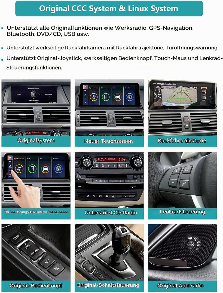 10,25 Zoll Touchscreen-Autoradio für BMW X5/X6 E70 E71 2007–2010 mit CCC-System, unterstützt Apple C