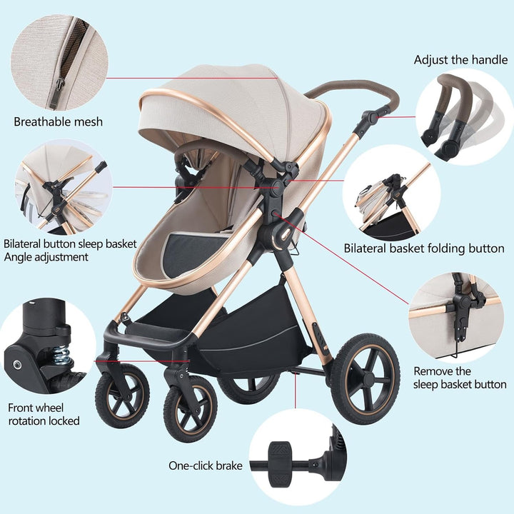 kinderwagen 3 in 1 Kombikinderwagen für Neugeborene robustes leichtes Aluminiumgestell geeignet bis