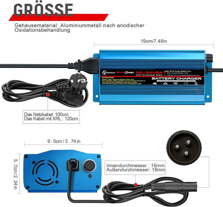 24V 8Amp Smart Automatic Battery Charger,Batterieladegerät Automotive Mit XLR-Anschluss für Roller R