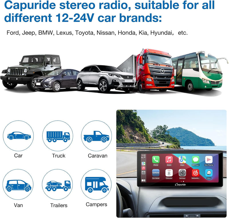 Carpuride Neuestes 10,3-Zoll-Full-HD-Touchscreen-Tragbares Drahtloses Apple Carplay Android Auto mit