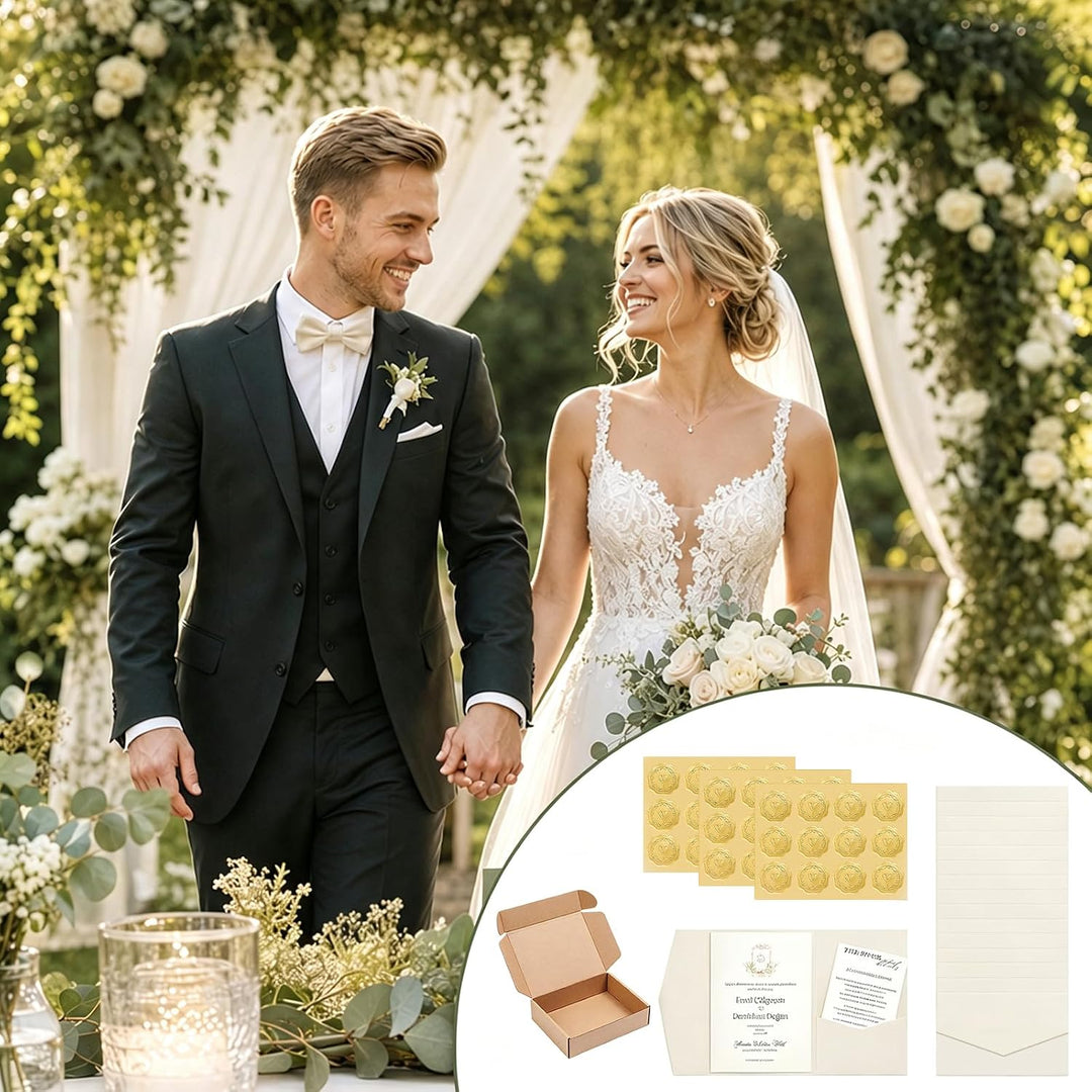 Pocketfold Einladungskarten Blanko Elfenbein, 30 Stück | Dreifachfalz-Design, 36 Goldfolien-Sticker