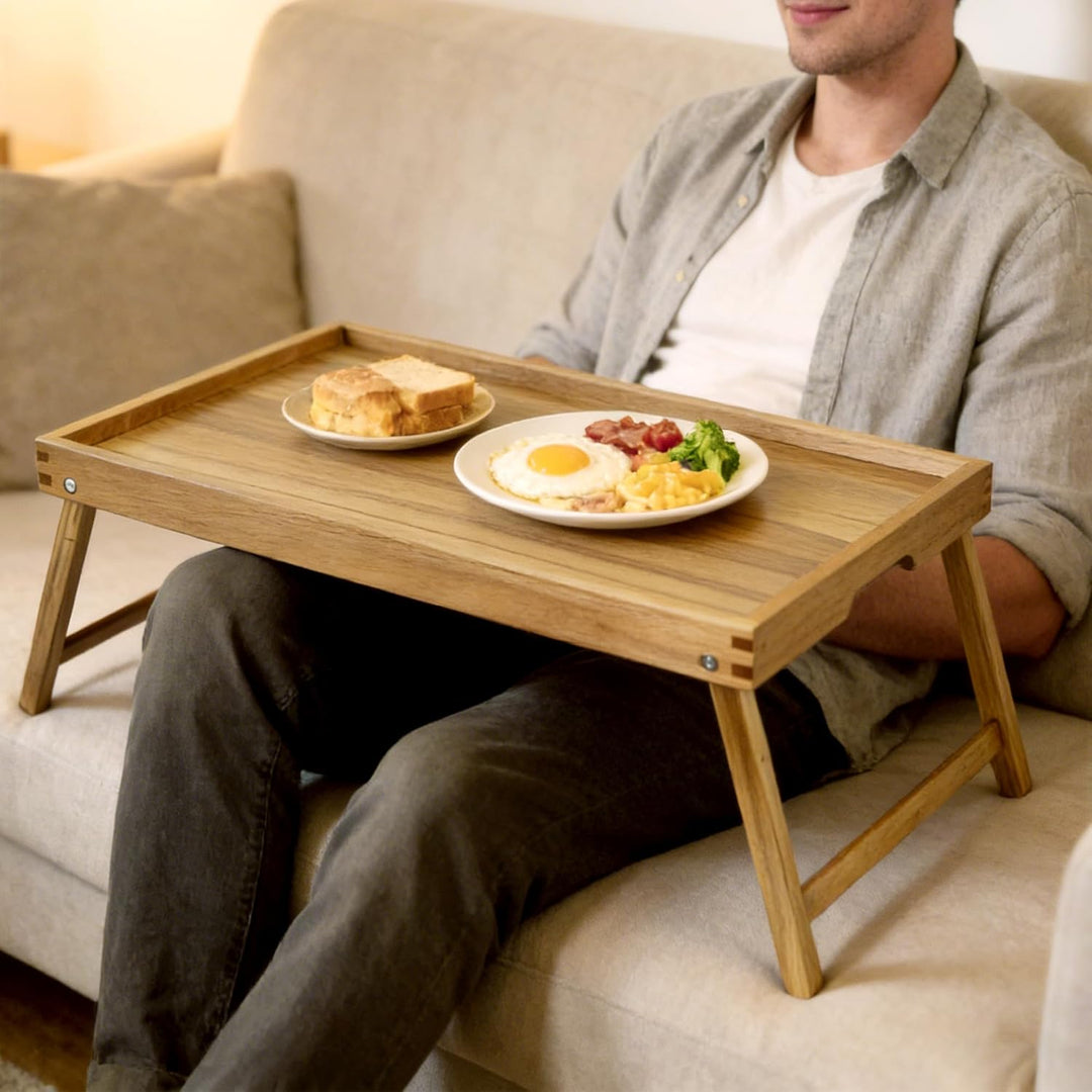 VaeFae Akazie Gross Bett Tabletttisch, Betttablett Klappbar aus Holz, Frühstückstablett als Esstisch