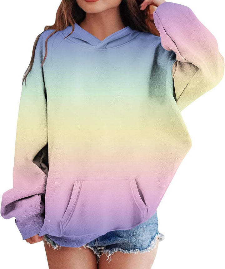 Hoodie Mädchen Oversize Kapuzenpullover Farbverlauf Mode Sweatshirt Casual Pullover mit Kapuze Tasch