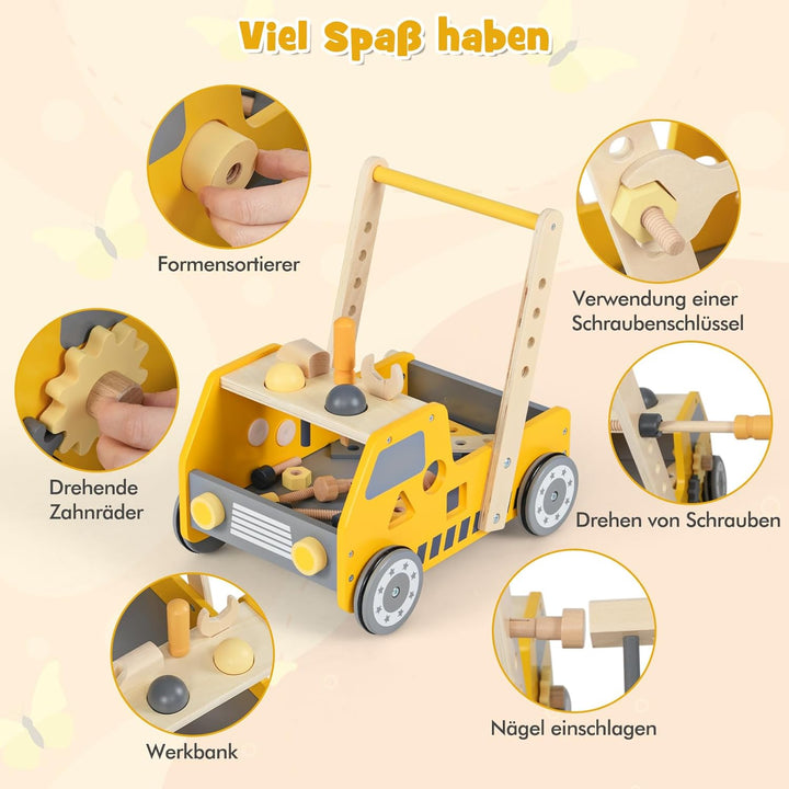 DREAMADE 2 in 1 Lauflernwagen aus Holz, mini-Werkzeugbank mit Rädern, Lauflernhilfe für Mädchen und