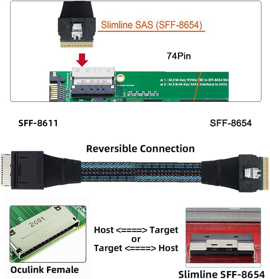 Xiwai OCULINK SFF-8611 8I PCIE PCI-EXPRESS an SFF-8654 8i 8x Erweiterungskabel Slimline-Daten aktive