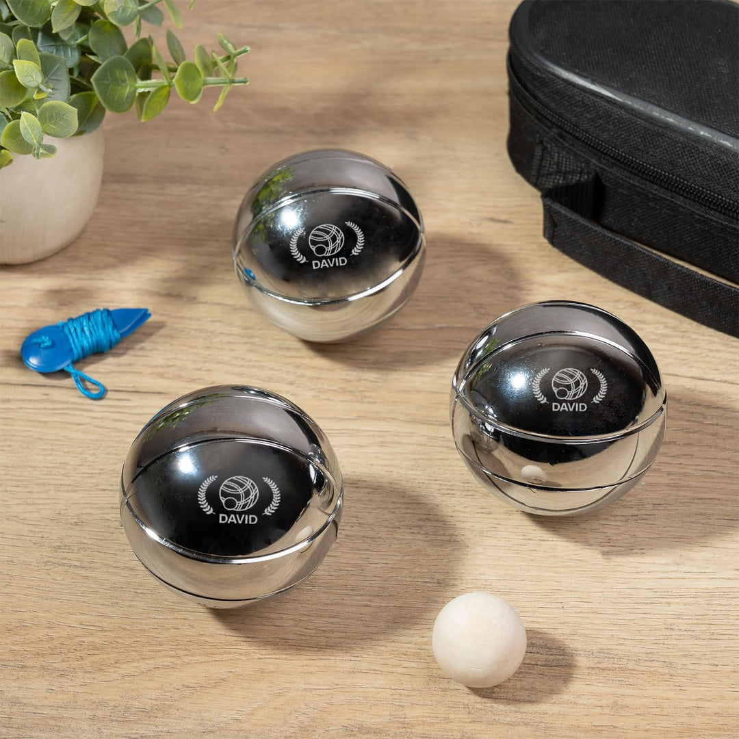 Wanapix|Pétanque-Kugeln | Geschenk| 3 Kugeln+Tasche |Namen Text Personalisieren Metall Lorbeerkranz,