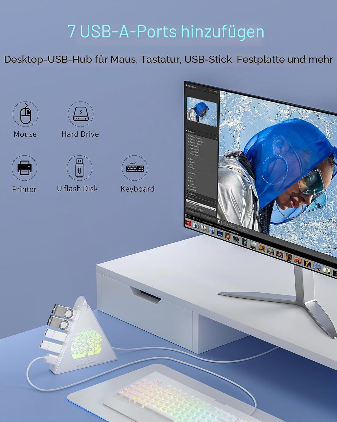 7-Port USB 3.0 Hub, Weiss Vertikaler USB Hub Splitter mit baumförmiger RGB-Beleuchtung, 5Gbps Hochge