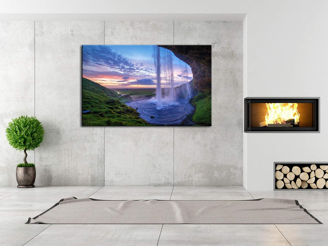 DECLINA Bild aus Plexiglas, Motiv Seljalandsfoss Violett – Druck Glas Natur und Landschaft – Wanddek