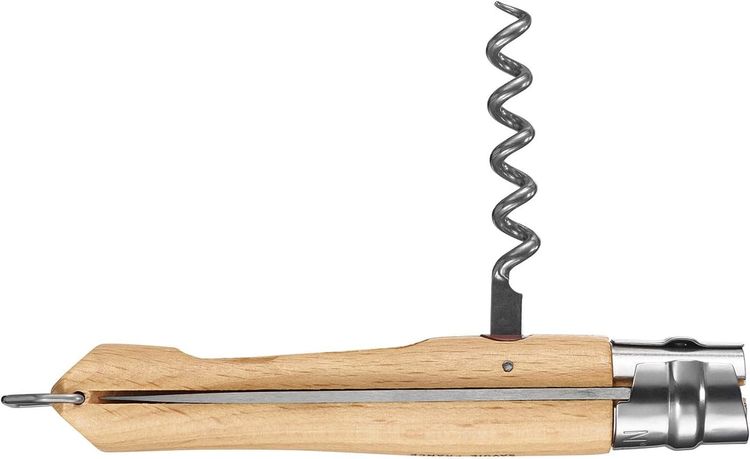 Opinel Taschenmesser No. 10, mit Korkenzieher und Kapselheber, aus rostfreiem Stahl, mit Buchengriff