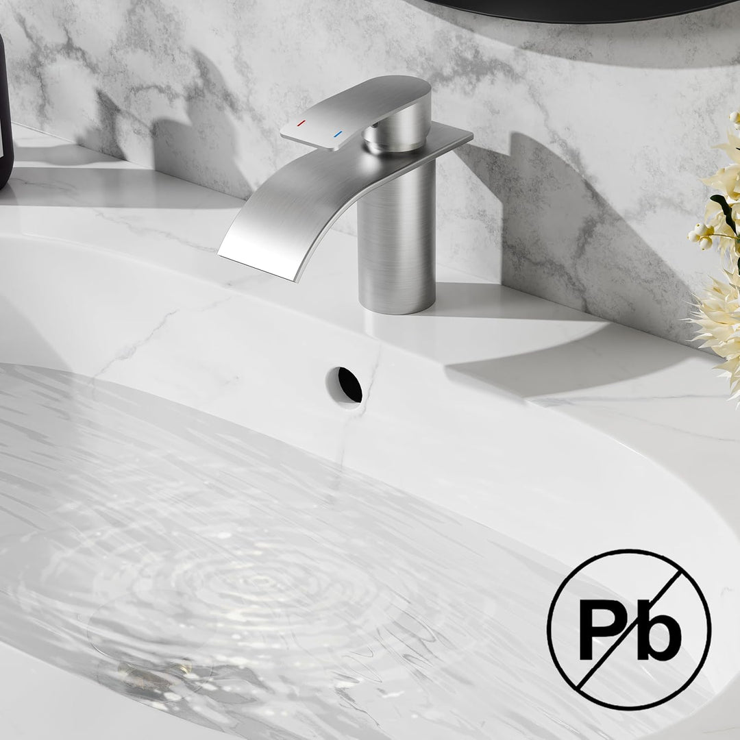 FORIOUS Wasserhahn Bad mit Ablaufgarnitur, Edelstahl Wasserfall Waschbeckenarmatur mit Auslaufhöhe 8