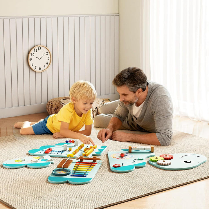 DREAMADE Montessori Busy Board, Motorikbrett aus Holz mit Blöcken & Xylophon & Zahnrädern & Uhr, Mon