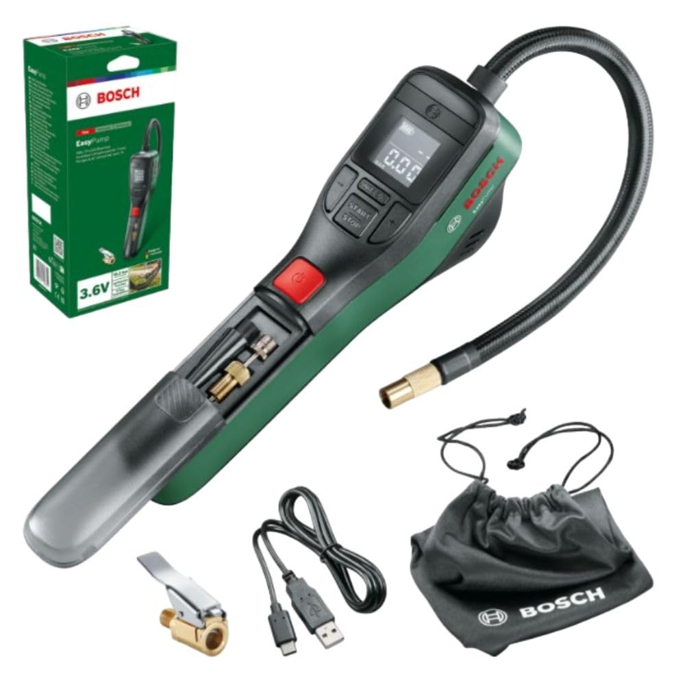 Bosch EasyPump Mini-Kompressor, tragbar, batteriebetrieben, mit Schnellverschluss-Adapter
