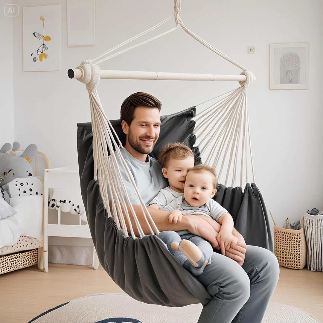 Hanging Chair and Large Hammock, 100 x 135 cm, 150 kg Load, Cotton Material, Metal, Wide Perch, Rock