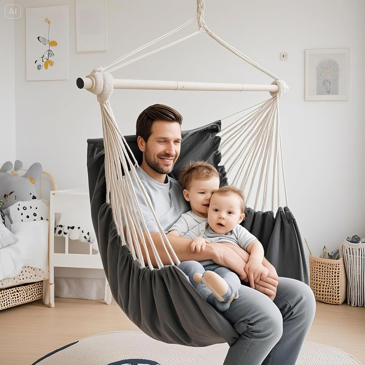 Hanging Chair and Large Hammock, 100 x 135 cm, 150 kg Load, Cotton Material, Metal, Wide Perch, Rock