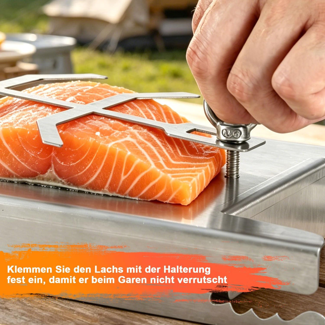 Flammlachsbrett 2er Set für Feuerschale &amp; Kugelgrill,180° drehbar | 59,5 cm lange Edelstahlplatte mi