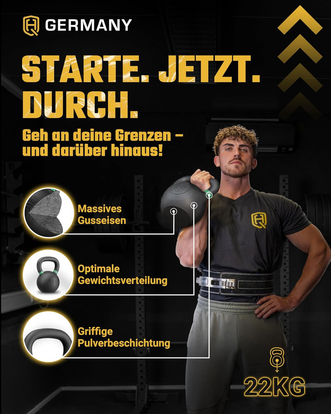 HQ Germany® Kettlebell Powdercoat [Pulverbeschichtung] - Kugelhantel 2-32kg | Vollguss ohne Schweiss