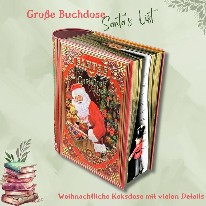 Grosse Buchdose Santa´s List - aufwändig geprägt und bedruckt. Der Weihnachtsmann bereitet sich vor