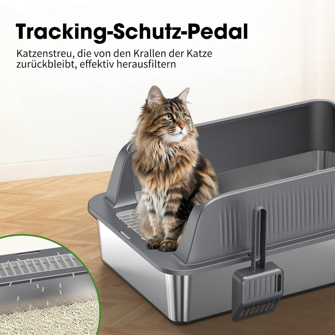 Edelstahl Offene Katzentoilette – extra grosse Katzentoilette mit hohen Seitenwänden für grosse Katz