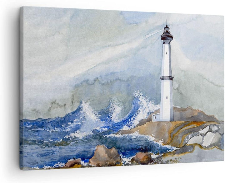 Bilder auf Leinwand Leuchtturm Wasser Illustration Welle Leinwandbild 70x50cm Wandbilder Dekoration