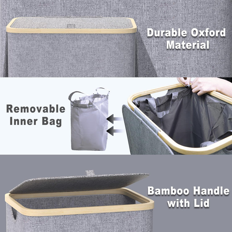 Wäschekorb mit Deckel 100L, Wäschesammler Gross schmal mit herausnehmbaren Wäschesack Laundry Basket